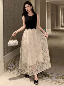 DAZY Spring/Summer Lace Patchwork Elegant Long Dress, Suitable For Wedding, Party, Formal Occasion, Commute - Black - View 8