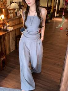 DAZY Conjunto informal de 2 piezas para mujer con top de tirantes plisado de unicolor y pantalones anchos plisados, conjunto de ropa de estar en casa para verano - Gris - Ver 1