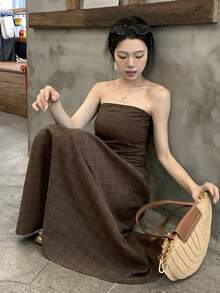 Livesso Women's Fashion Plaid Tube Top & Skirt 2 Pieces Set - Brown - View 5