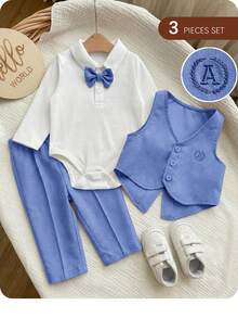 3件套新生男宝宝学院风可爱休闲背心外套、裤子和领结连体衣套装 - 藍色 - 查看 2
