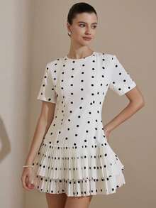 Revavyn Black & White Polka Dot Print Round Neck Waist Cinched Short Sleeve All-Match Silhouette Layered Ruffle Hem Casual Versatile Women Dress - Black and White - View 4