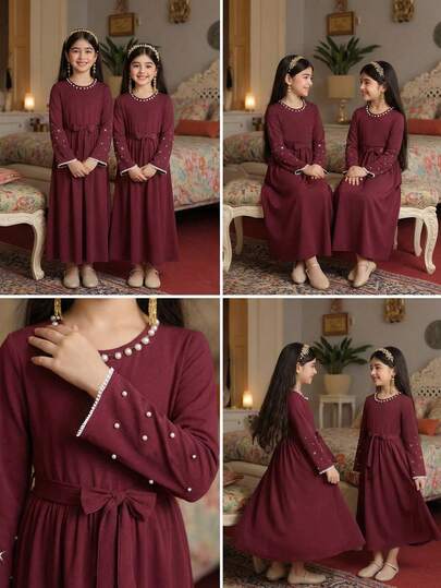 SHEIN Streecool Tween Girl Girls' Vintage Elegant Round Neck Flare Sleeve Beaded Fashion Ruffle Cuff Long Sleeve Dress With Belt, Suitable For Casual Wear In Spring And Autumn Teen Girl Modest Dress Burgundy Kids Dress