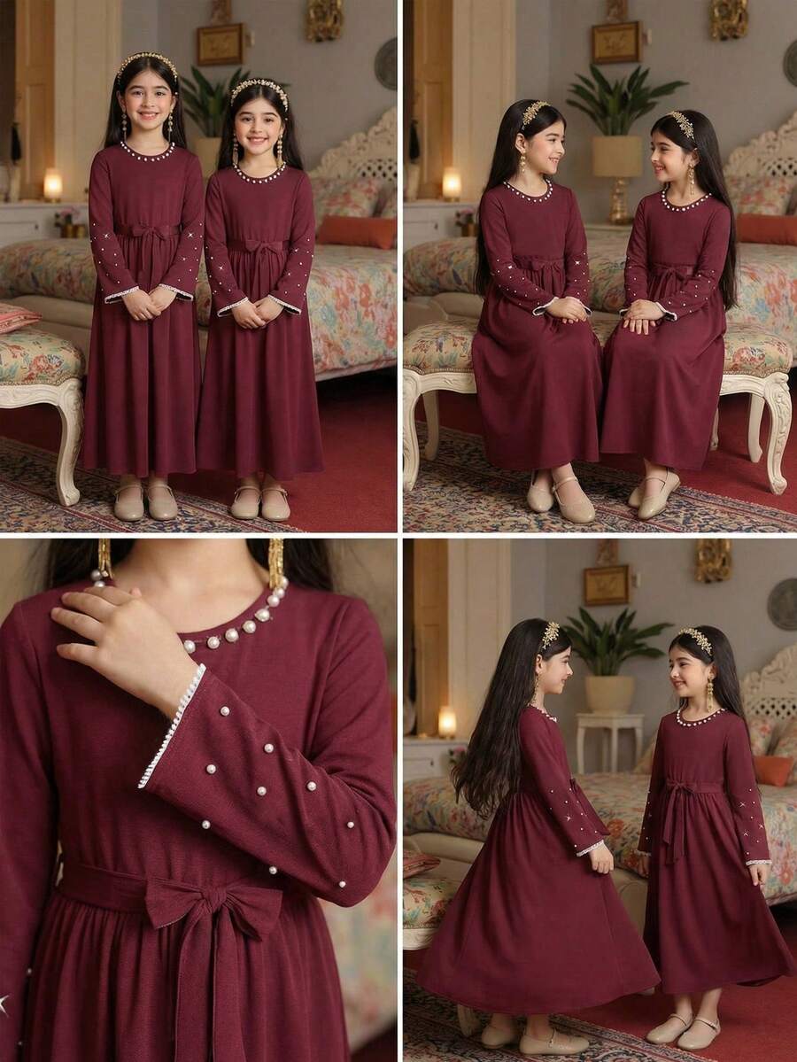SHEIN Vestido de manga larga con volantes y cinturón para niña preadolescente, de cuello redondo, estilo vintage y elegante, con puños con cuentas, adecuado para uso casual en primavera y otoño - Burdeos - Ver 1