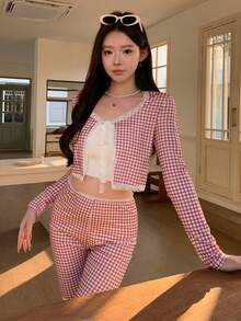 DAZY 两件套女士休闲格子撞色系带上衣和修身裤套装 - 紅色 - 查看 10