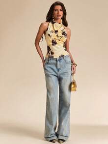 SHEIN BAE 黄色碎花吊带休闲上衣，黄色上衣，优雅上衣，度假上衣，婚礼上衣，返校/毕业季上衣 - 黃色 - 查看 6