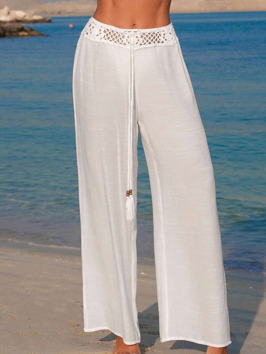 Swim Vcay 女士白色编织拼接竹结流苏镂空休闲沙滩罩裤 - 白色 - 查看 1