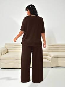 Solflare Chocolate Brown Plus Size Textured Knit Cardigan T-Shirt + Loose Pants Casual 2 Pieces Set - Chocolate Brown - View 2