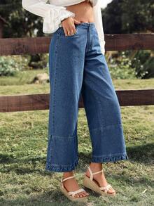 Breezaya Quần jeans ống rộng xếp ly dáng casual thời trang nữ - Rửa tối - Xem 5