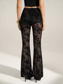 SHEIN Tall 女士性感植绒透视网纱喇叭裤，黑色裤子 - 黑色 - 查看 3