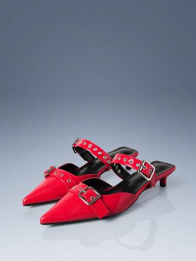 CUCCOO GRLICON Red Pointed Metal Buckle Kitten With New Spice Girl Style Women's High Heels