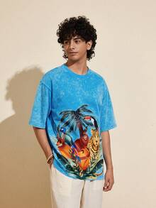 Felipe Marques Men's Animal & Plant Print Distressed Short Sleeve Loose Blue T-Shirt, Casual For Spring, Summer, Vacation, Party, Beach - Blue - View 4