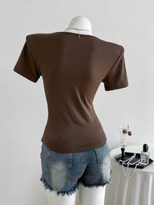 Elamini Y2K Shibuya Babe Slim Retro Colorblock Striped Brown Short Sleeve T-Shirt, Spring/Summer - Brown - View 2