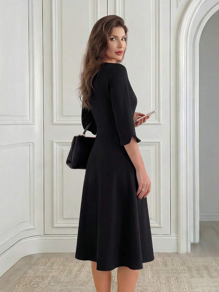 Women's Solid Color Round Neck 3/4 Sleeve Waist Pocket Elegant Mid-Length Dress Black Dress Elegant Dresses For Women New Year Clothes Winter Dress Women,Dresses For Women Elegant,Black Dress