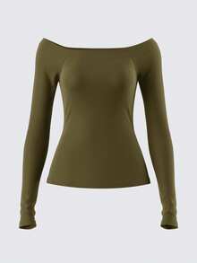 Fluxe 女士休闲纯色针织露肩长袖修身常规款上衣 - 軍綠色 - 查看 9