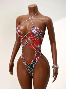 Mistrie 露背交叉绑带连体衣，撞色格纹印花，挂脖设计，性感修身，度假风连体衣 - 彩色 - 查看 5