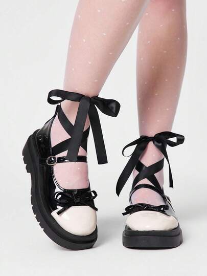 ROMWE Kawaii Women's Fashionable Sweet Bow Decor Lace-Up Flats