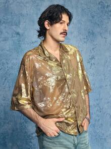 ROMWE MEN Casual Áo sơ mi nam tay ngắn dệt kim nhăn, cài một hàng khuy. - Vàng - Xem 4