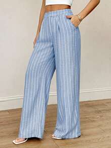 SHEIN PETITE 女士条纹长裤 夏威夷风情 女士办公套装 女士家居舒适裤 女士两件套 女士套装 秋冬款 - 藍色 - 查看 3