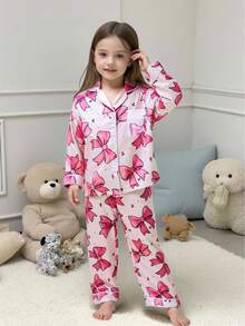 Set de 2 piezas de pijama informal y cómodo con pantalón largo y manga larga con estampado de moño en tela de tafetán para niñas jóvenes - Albaricoque - Ver 5