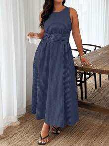Weeklong Plus Size Striped Print Round Neck Casual Summer Sleeveless Dress - Multicolor - View 3