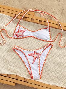 Swim Vcay Ladies Beach Music Festival Spring/Summer Sea Star Print Shell Flower Teeth Sexy Vacation Style Ladies Bikini Two Pieces Set - Multicolor - View 6