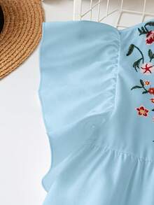 SHEIN LUNE 优雅通勤休闲女装，畅销花卉图案，百搭舒适V领荷叶袖中长连衣裙，白色，大码，适合春、夏、秋季穿着。 - 天藍色 - 查看 4