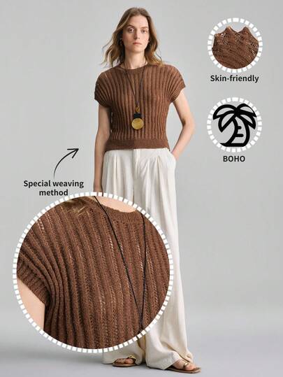 Ontre Nueva llegada Blusa de punto de manga de murciélago minimalista y hueca para mujer