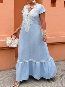 Breezaya 大码女式休闲度假沙滩仿亚麻蕾丝边V领短袖A字长裙，春夏款 - 藍色 - 查看 3