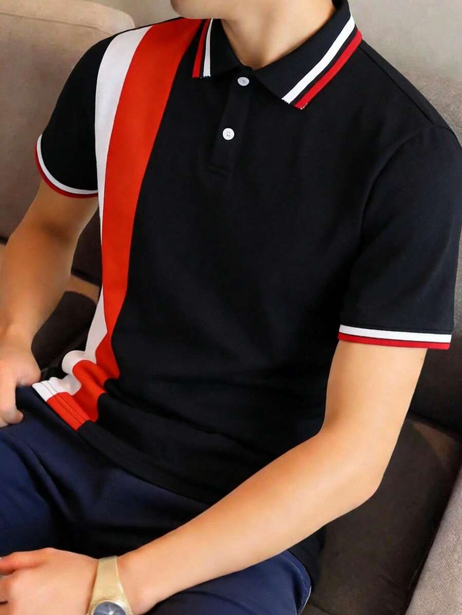 SHEIN 青少年男孩休閒條紋拼接針織寬鬆 Polo 衫