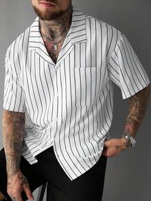 SLATEMANN 男士白色条纹沙滩休闲衬衫，春夏款 - 白色 - 查看 6