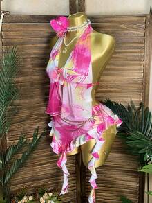 Rovax 女士性感夏季度假扎染印花两件套，配有荷叶边裙摆。这款两件套非常适合海滩度假，休闲百搭，是度假、海岛之旅、派对、日常穿着和休闲活动的理想之选。 - 彩色 - 查看 5