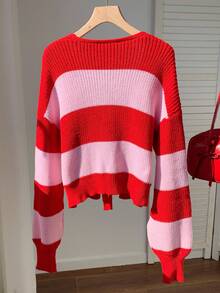 SHEIN EZwear Women's Ombre Striped Floral Print Tie Front Knit Cardigan - Multicolor - View 2