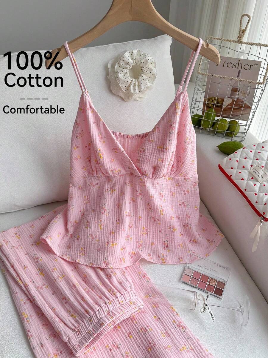 Comfortcana Plus Size 2pcs Set:Floral V-Neck Ruffle Trim Camisole And Shorts, Casual, Spring/Summer,Comfortable Pure Cotton Two-Piece Sets Women, Summer Outfits - Pink - View 1