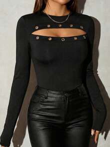 SHEIN SXY Sexy Hollow-Out Perforated Long Sleeve T-Shirt,Black ,Sexy ,Spring  ,Casual - Black - View 4