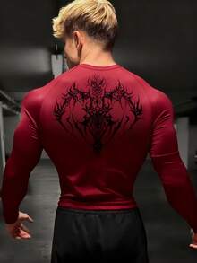 GymBeat 男士极简印花圆领长袖运动T恤 紧身衣 - 酒紅色 - 查看 2