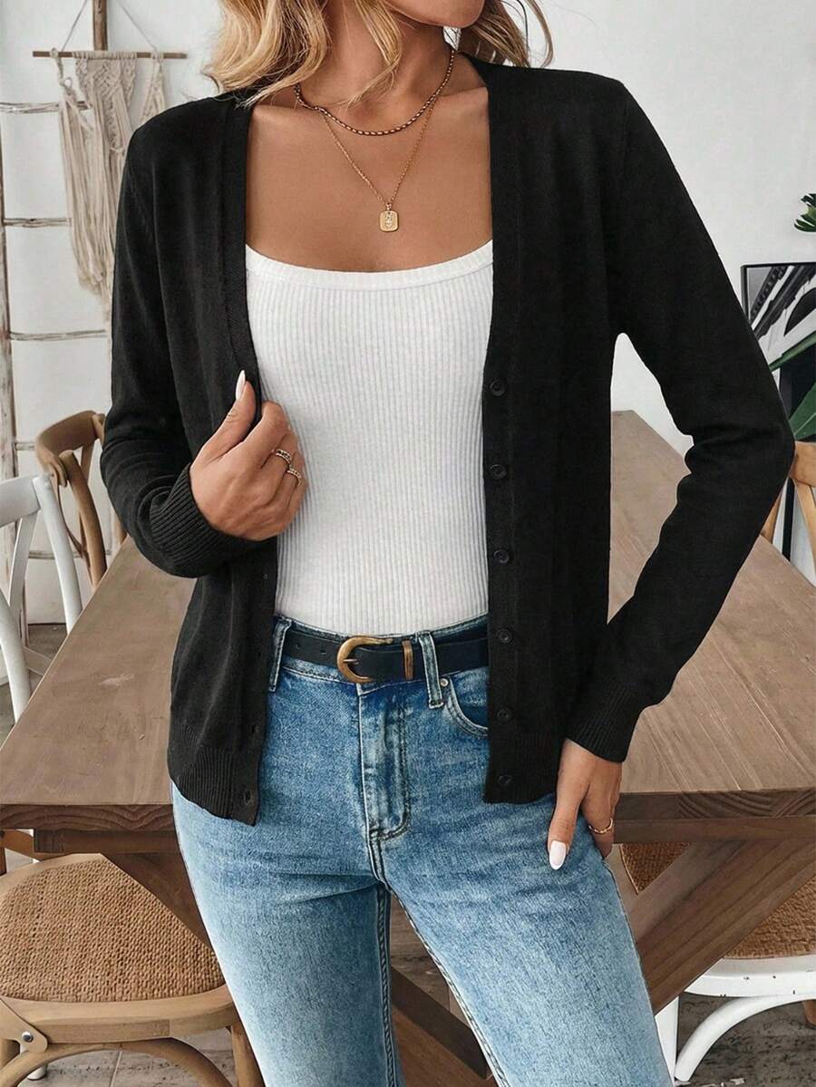 女款秋季休閒極簡純色前開扣開襟衫 - 黑色 - 查看 1
