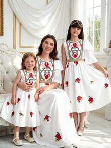 Sparklyn 少女春夏新款连衣裙，白色梭织面料，红色花卉数码印花图案，正面设计，精致金色滚边，白色双层荷叶边下摆，无袖圆领收腰连衣裙，适合少女穿着，简约优雅，精致甜美，适合日常、上学、外出、度假、派对、节日、新年等场合。另有其他款式，例如：小女孩墨西哥连衣裙、儿童连衣裙、女童亲子装、儿童夏季连衣裙、母女亲子装等。 - 白色 - 查看 1