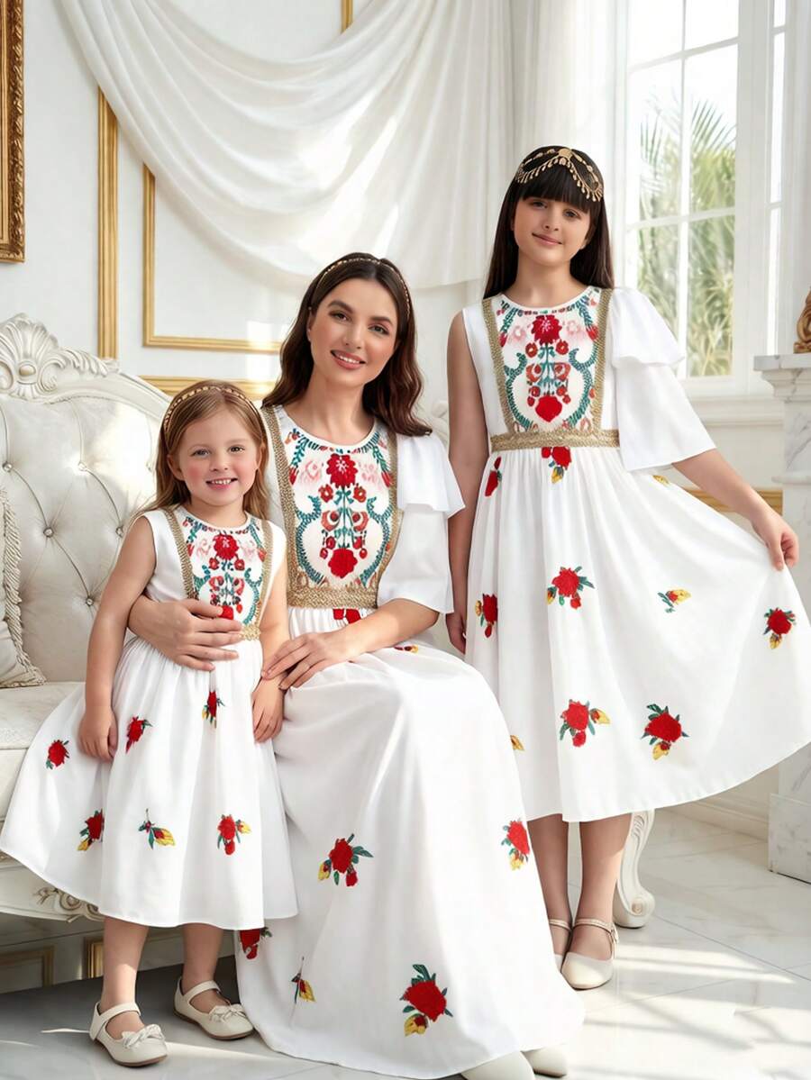 Sparklyn 少女春夏新款连衣裙,白色梭织面料,红色花卉数码印花图案,正面设计,精致金色滚边,白色双层荷叶边下摆,无袖圆领收腰连衣裙,适合少女穿着,简约优雅,精致甜美,适合日常、上学、外出、度假、派对、节日、新年等场合。另有其他款式,例如:小女孩墨西哥连衣裙、儿童连衣裙、女童亲子装、儿童夏季连衣裙、母女亲子装等。 - 白色 - 查看 1