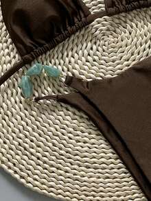 Swim Vcay 2026春夏款细肩带棕绿色树脂珠饰高开衩丁字裤比基尼两件套泳衣（女款） - 棕色 - 查看 6