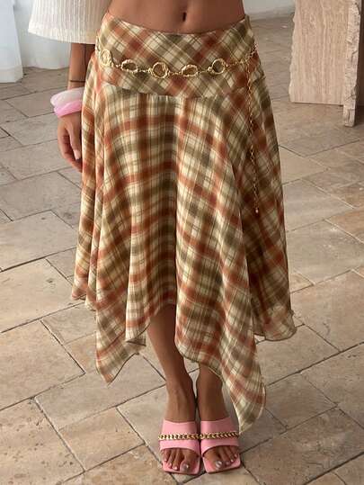 Livesso 春夏撞色格纹几何波西米亚休闲度假沙滩雪纺不对称下摆优雅A字裙女装