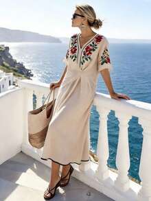 SHEIN Holidaya 短袖V领系腰印花休闲连衣裙，适合春、夏、秋、冬四季穿着，杏色，优雅女士连衣裙，适合度假，优雅时尚的通勤休闲装，适合约会和感恩节穿着。女士度假连衣裙，米色连衣裙，夏季优雅连衣裙，地中海风格女装，优雅经典度假装，女士度假连衣裙，女士连衣裙，最新款连衣裙 - 杏色 - 查看 4