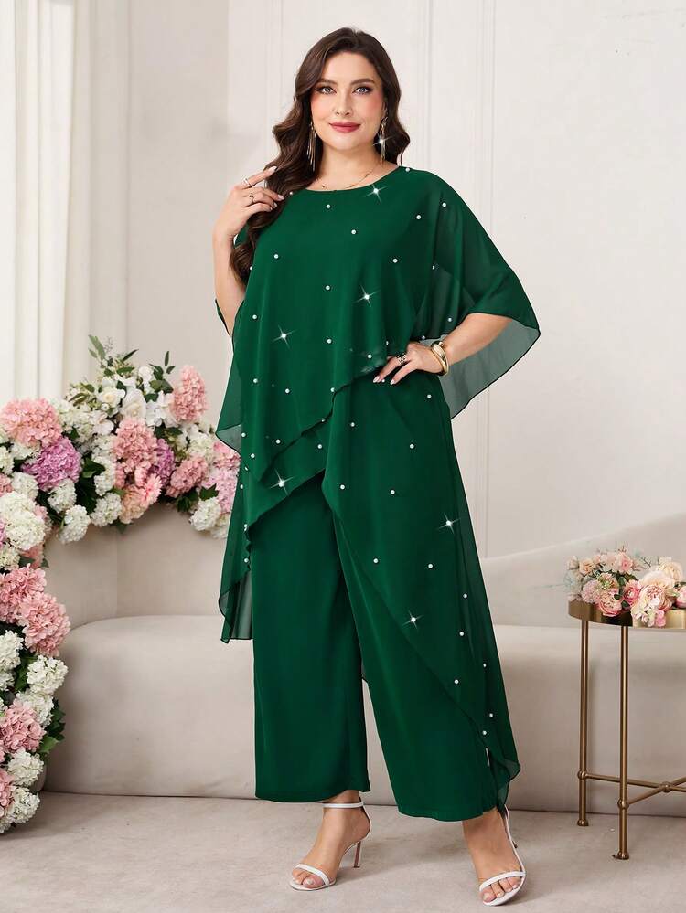 Reflora Conjunto de 2 piezas de top asimétrico de gasa y pantalones largos para mujer talla grande, adecuado para la madre de la novia, fiestas y otras ocasiones - Verde Oscuro - Añade 6