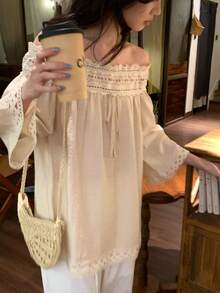 DAZY Women's Casual Off-Shoulder Blouse With Lace Trim, Loose Fit, 3/4 Sleeve, Suitable For Spring And Summer - Apricot - View 6