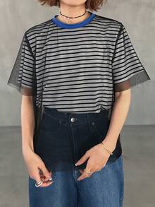 FRIFUL 女士春夏短袖条纹透视网纱面料休闲宽松百搭T恤 - 黑色 - 查看 5