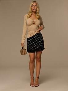 Glamine Women's Fashion Low-Waist Polka Dot Contrast Lace Sexy Party Casual Elegant Skirt - Black - View 5