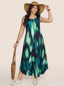 Comfylo 大码女装夏季无袖圆领抽象印花长款休闲度假波西米亚风连衣裙万圣节服装女装冬季连衣裙复古风女装大码女装夏季套装女装沙滩装大码派对连衣裙遮肚大码女装夏季大码沙滩装女装大码女装 - 綠色 - 查看 3