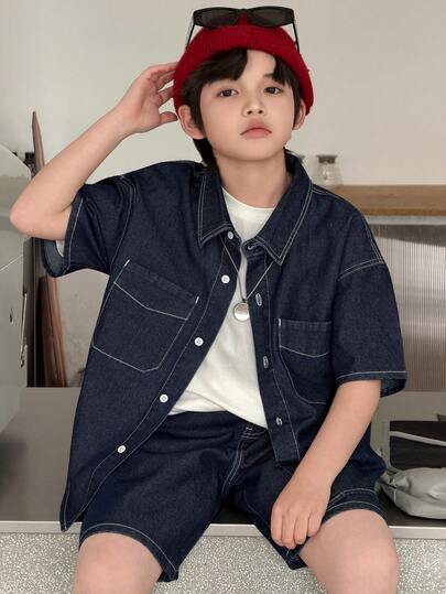 DAZY Tween Boy Summer Casual Shirt And Denim Shorts Set