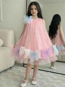 SHEIN Young Girls Blush Pink Tulle Dress,Summer Flower Girl Formal Fairy Dress With Bows,Girls Sleeveless Mesh Patchwork Ruffle Hem Pastel Woven Dress - Multicolor - View 3