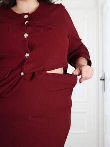 Pretty and Ole Elegancki, dopasowany garnitur dla kobiet w dużych rozmiarach, w jednolitym kolorze, z okrągłym dekoltem i długim rękawem, jednorzędowy top i spódnica z rybim ogonem, jesień - Burgund - Zobacz 3