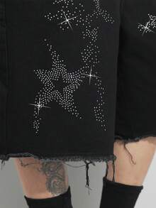 Manfinity EMRG 美国街头风水洗黑色水钻装饰牛仔短裤 - 黑色 - 查看 7